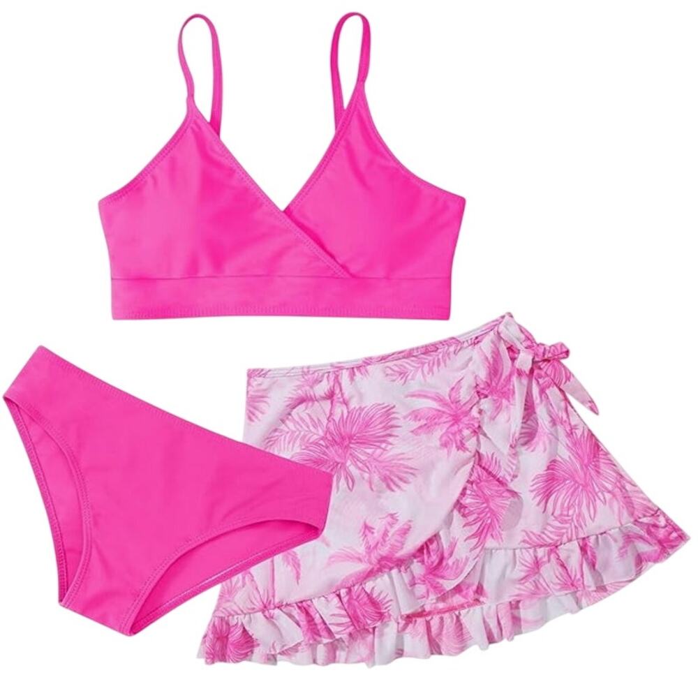 Girls' Size 15-16 Yr Bathing Suit 3 Piece Swim Set Bikini & Sheer Skirt Hot Pink